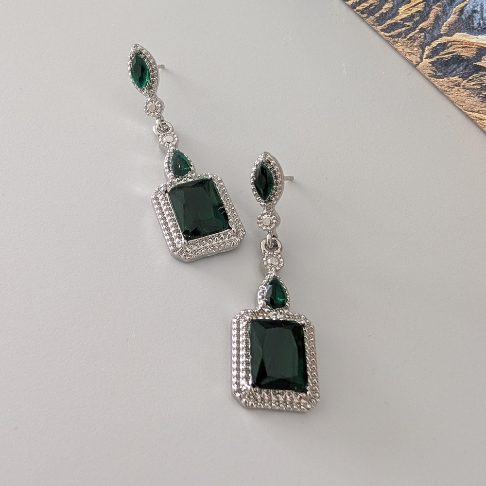 Christmas Earrings Silver and Green Drop Earrings Forest Green